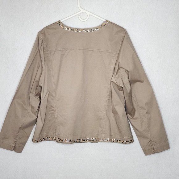 Lane Bryant Khaki Twill Jacket Gold Silver Studs Button Front Long Sleeves - Picture 3 of 5